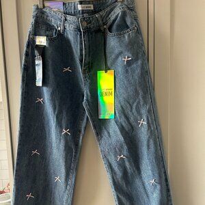 NEW WITH TAGS Pink Bow Jeans (mid waist wide leg)
